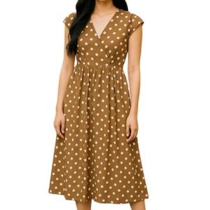 KATE LILY Polka Dot Ruffle Midi Dress Taupe Brown  White Bustier Lined Flowy 10